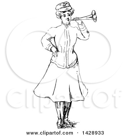 Clipart of a Vintage Black and White Sketched Lady Blowing a Horn - Royalty Free Vector Illustration by Prawny Vintage