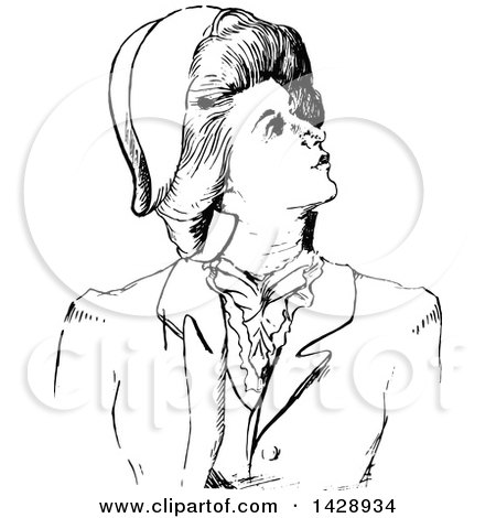 Clipart of a Vintage Black and White Sketched Woman Looking up to the Side - Royalty Free Vector Illustration by Prawny Vintage