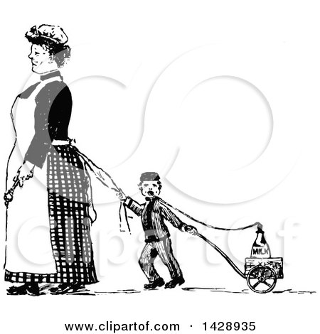 Clipart of a Vintage Black and White Sketched Maid and Boy Pulling a Milk Wagon - Royalty Free Vector Illustration by Prawny Vintage
