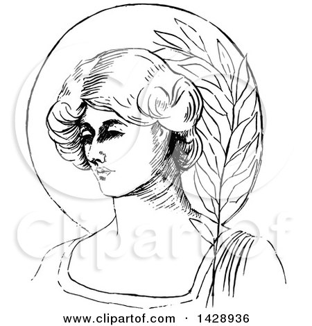 Clipart of a Vintage Black and White Sketched Woman with Leaves - Royalty Free Vector Illustration by Prawny Vintage