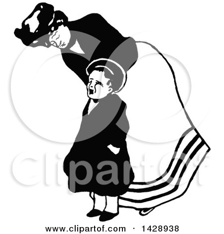 Clipart of a Vintage Black and White Nanny and Fussy Boy - Royalty Free Vector Illustration by Prawny Vintage