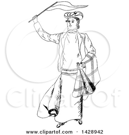 Clipart of a Vintage Black and White Sketched Person Waving a Flag - Royalty Free Vector Illustration by Prawny Vintage