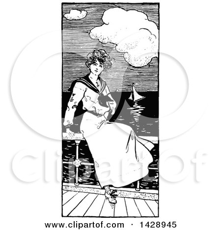Clipart of a Vintage Black and White Sketched Sailor Woman Watching Boats - Royalty Free Vector Illustration by Prawny Vintage
