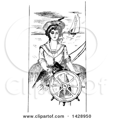 Clipart of a Vintage Black and White Sketched Nautical Woman at a Helm - Royalty Free Vector Illustration by Prawny Vintage