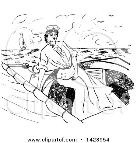 Clipart of a Vintage Black and White Sketched Woman in a Nautical Dress - Royalty Free Vector Illustration by Prawny Vintage