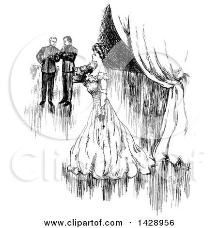 Clipart of a Vintage Black and White Sketched Lady and Men - Royalty Free Vector Illustration by Prawny Vintage