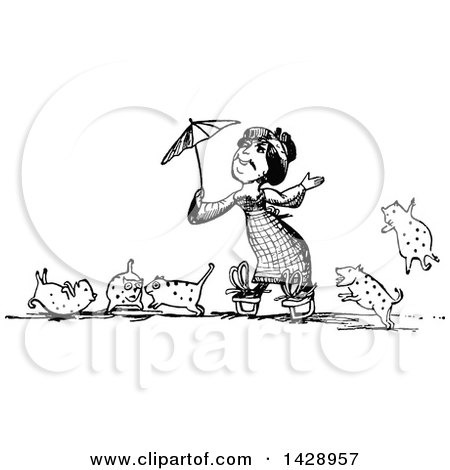 Clipart of a Vintage Black and White Woma Holding an Umbrella, Surrounded by Her Cats - Royalty Free Vector Illustration by Prawny Vintage