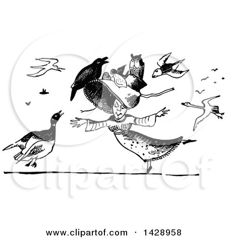 Clipart of a Vintage Black and White Woman Dancing, with Birds All Around Her and on Her Hat - Royalty Free Vector Illustration by Prawny Vintage