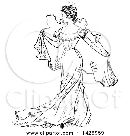 Clipart of a Vintage Black and White Sketched Woman Holding a Map Behind Her - Royalty Free Vector Illustration by Prawny Vintage