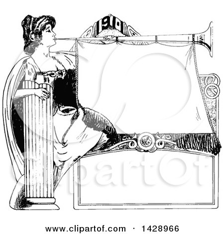 Clipart of a Vintage Black and White Sketched Woman Blowing a Horn - Royalty Free Vector Illustration by Prawny Vintage