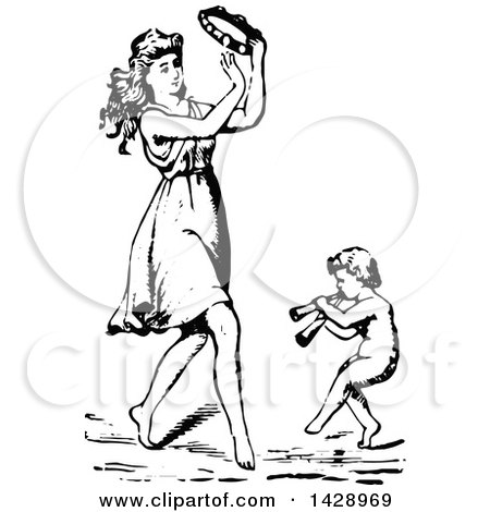 Clipart of a Vintage Black and White Sketched Woman Playing a Tambourine and Dancing with a Cherub - Royalty Free Vector Illustration by Prawny Vintage