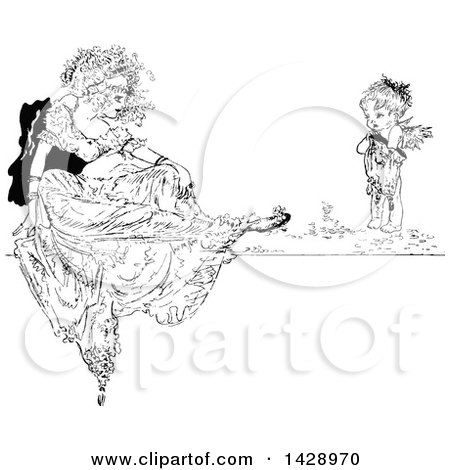 Clipart of a Vintage Black and White Sketched Woman and Cherub - Royalty Free Vector Illustration by Prawny Vintage