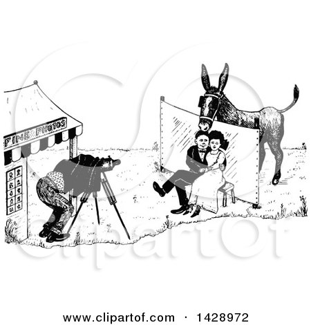 Clipart of a Vintage Black and White Sketched Couple Posing Under a Donkey - Royalty Free Vector Illustration by Prawny Vintage