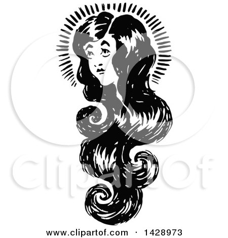 Clipart of a Vintage Black and White Woman with Long Hair - Royalty Free Vector Illustration by Prawny Vintage