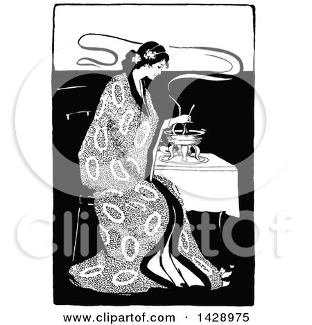 Clipart of a Vintage Black and White Sketched Woman Eating Fondue - Royalty Free Vector Illustration by Prawny Vintage