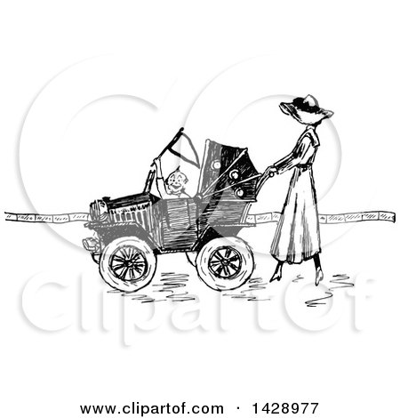 Clipart of a Vintage Black and White Sketched Woman Pushing a Baby in a Car Stroller - Royalty Free Vector Illustration by Prawny Vintage