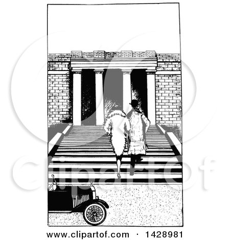 Clipart of a Vintage Black and White Rear View of a Sketched Couple Going up Steps - Royalty Free Vector Illustration by Prawny Vintage