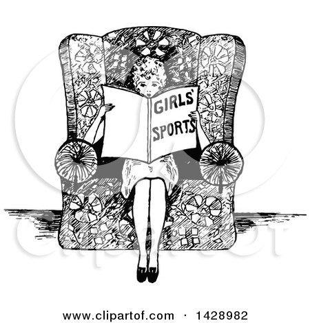 Clipart of a Vintage Black and White Sketched Woman Reading About Girls Sports - Royalty Free Vector Illustration by Prawny Vintage