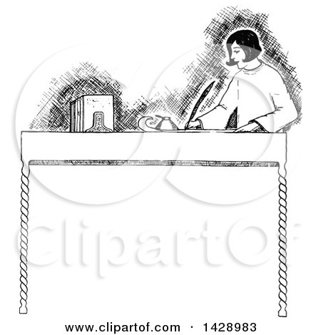 Clipart of a Vintage Black and White Sketched Woman Writing a Letter - Royalty Free Vector Illustration by Prawny Vintage
