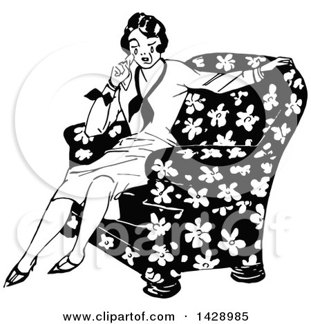 Clipart of a Vintage Black and White Woman Crying in a Chair - Royalty Free Vector Illustration by Prawny Vintage