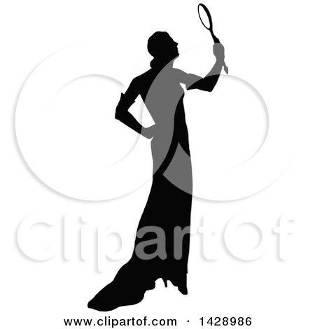 Clipart of a Vintage Black and White Silhouetted Woman Holding a Mirror - Royalty Free Vector Illustration by Prawny Vintage