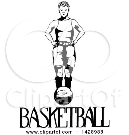 Clipart of a Vintage Black and White Sketched Basketball Player - Royalty Free Vector Illustration by Prawny Vintage