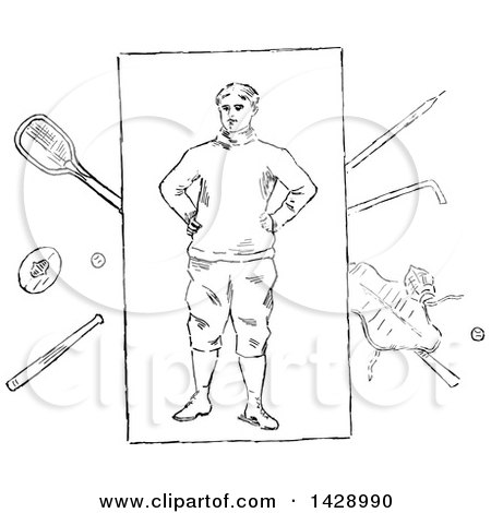 Clipart of a Vintage Black and White Sketched Male Athlete and Equipment - Royalty Free Vector Illustration by Prawny Vintage