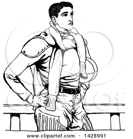 Clipart of a Vintage Black and White Sketched Male Athlete - Royalty Free Vector Illustration by Prawny Vintage