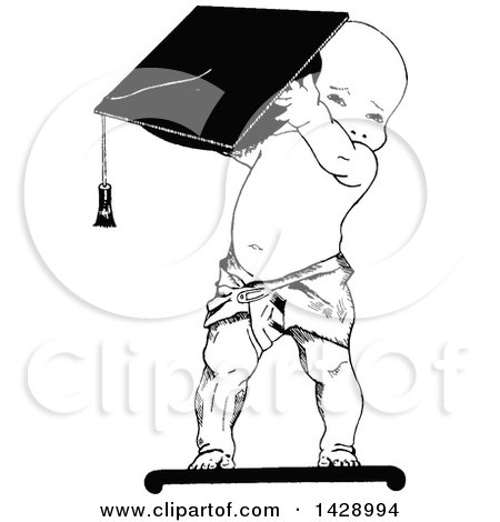 Clipart of a Vintage Black and White Sketched Baby Boy Holding a Graduation Cap - Royalty Free Vector Illustration by Prawny Vintage