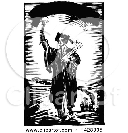 Clipart of a Vintage Black and White Sketched Male Graduate Holding a Torch and Leading a Line - Royalty Free Vector Illustration by Prawny Vintage