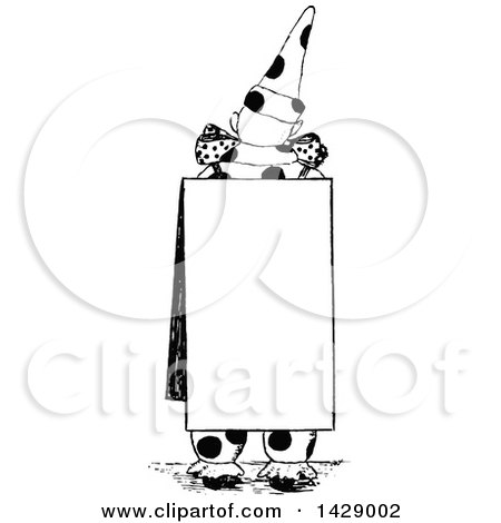 Clipart of a Vintage Black and White Sketched Clown Wearing a Sign - Royalty Free Vector Illustration by Prawny Vintage