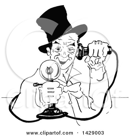 Clipart of a Vintage Black and White Sketched Man Using a Candlestick Phone - Royalty Free Vector Illustration by Prawny Vintage