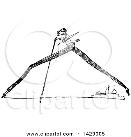Clipart of a Vintage Black and White Very Long Legged Man Walking with a Cane - Royalty Free Vector Illustration by Prawny Vintage