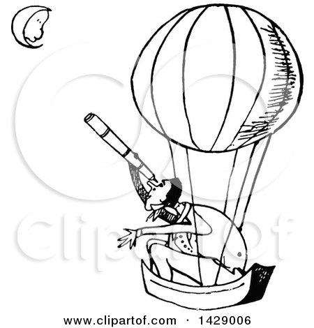 Clipart of a Vintage Black and White Man in a Hot Air Balloon, Looking at the Man on the Moon with a Telescope - Royalty Free Vector Illustration by Prawny Vintage
