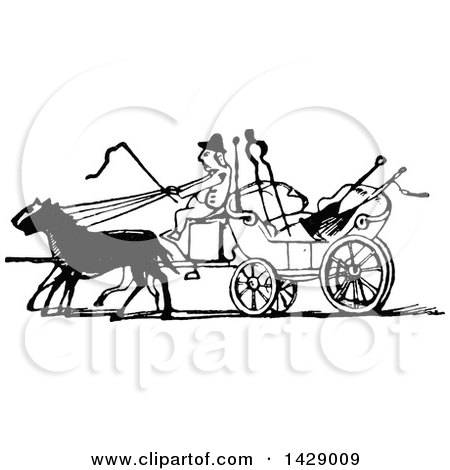 Clipart of a Vintage Black and White Man Driving a Horse Drawn Carriage - Royalty Free Vector Illustration by Prawny Vintage