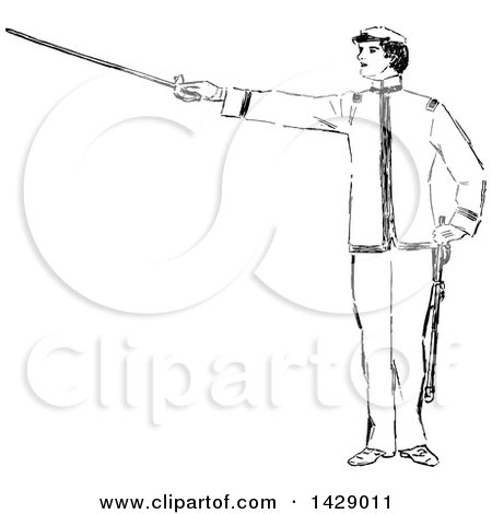 Clipart of a Vintage Black and White Sketched Man Holding a Sword - Royalty Free Vector Illustration by Prawny Vintage