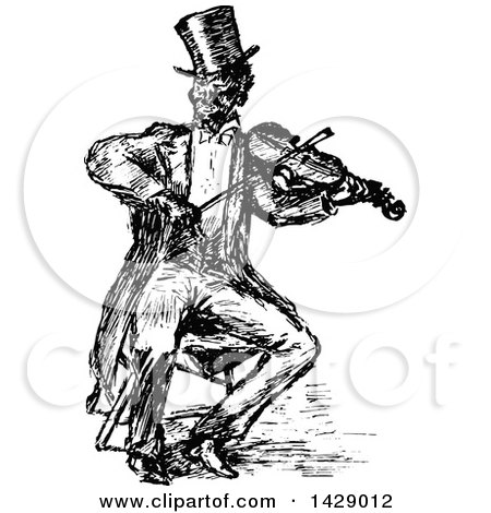 Clipart of a Vintage Black and White Sketched Man Playing a Violin - Royalty Free Vector Illustration by Prawny Vintage