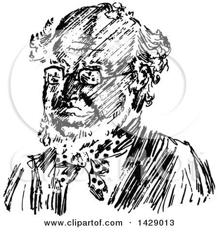 Clipart of a Vintage Black and White Sketched Balding Man Wearing Glasses - Royalty Free Vector Illustration by Prawny Vintage