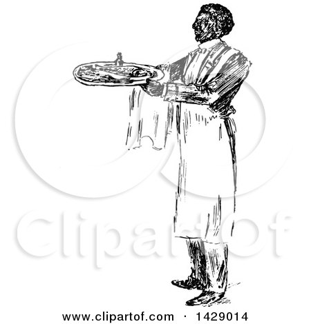 Clipart of a Vintage Black and White Sketched Waiter Serving Food - Royalty Free Vector Illustration by Prawny Vintage