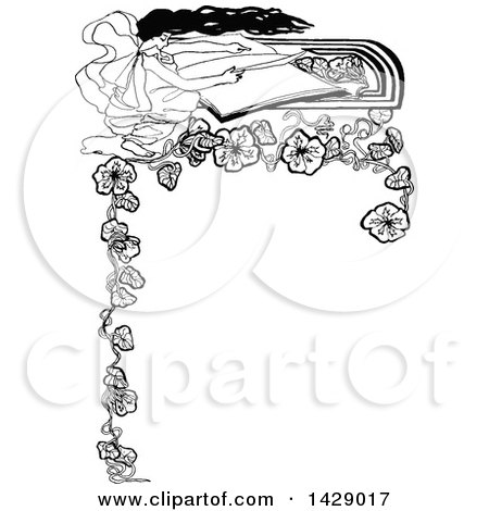 Clipart of a Vintage Black and White Sketched Woman Reading and Floral Border - Royalty Free Vector Illustration by Prawny Vintage