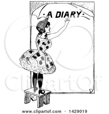 Clipart of a Vintage Black and White Sketched Woman on a Stool, with a Diary Text - Royalty Free Vector Illustration by Prawny Vintage