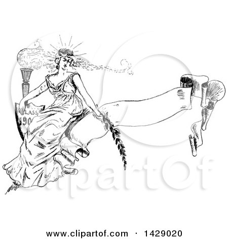 Clipart of a Vintage Black and White Sketched Woman Sitting on a Banner with a Torch - Royalty Free Vector Illustration by Prawny Vintage