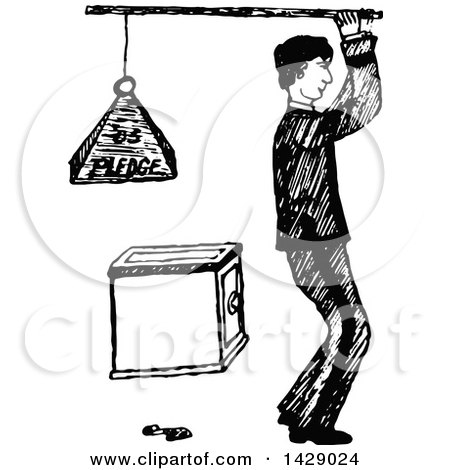 Clipart of a Vintage Black and White Sketched Man Holding a Pledge Weight over a Safe - Royalty Free Vector Illustration by Prawny Vintage