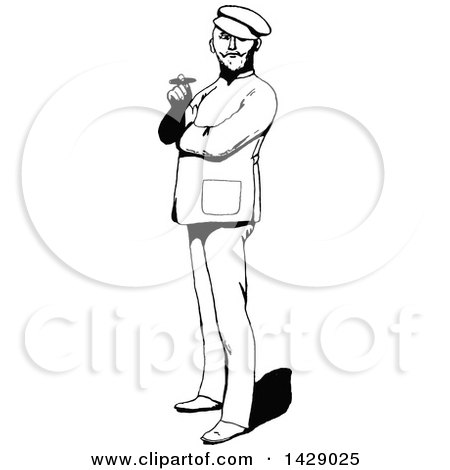 Clipart of a Vintage Black and White Sketched Man Smoking a Cigar - Royalty Free Vector Illustration by Prawny Vintage