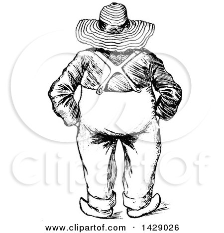 Clipart of a Vintage Black and White Sketched Rear View of a Chubby Famer - Royalty Free Vector Illustration by Prawny Vintage
