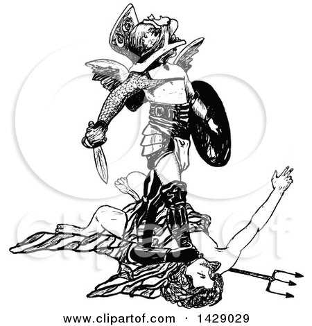 Clipart of a Vintage Black and White Sketched Victorious Warrior - Royalty Free Vector Illustration by Prawny Vintage