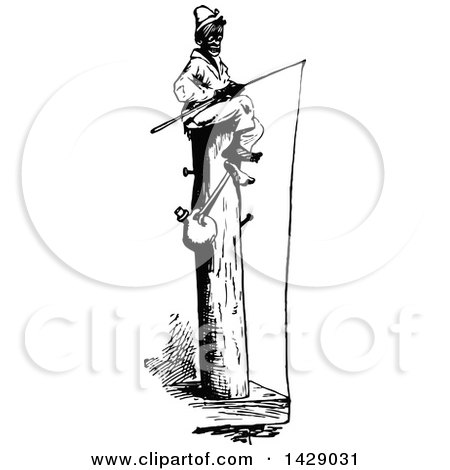 Clipart of a Vintage Black and White Sketched Man Sitting on a Post and Fishing - Royalty Free Vector Illustration by Prawny Vintage