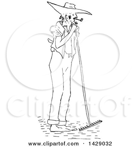 Clipart of a Vintage Black and White Sketched Male Farmer Smoking a Pipe - Royalty Free Vector Illustration by Prawny Vintage