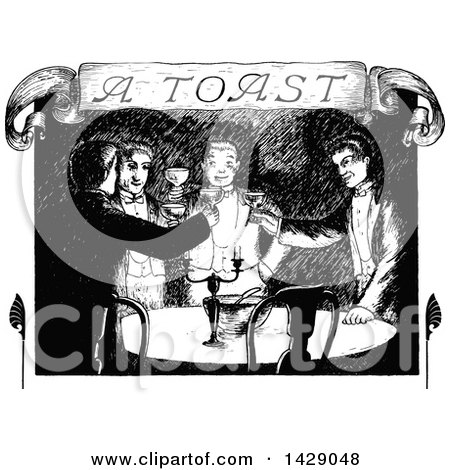 Clipart of a Vintage Black and White Sketched Men Giving a Toast - Royalty Free Vector Illustration by Prawny Vintage
