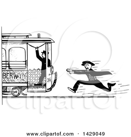 Clipart of a Vintage Black and White Sketched Man Chasing a Train - Royalty Free Vector Illustration by Prawny Vintage